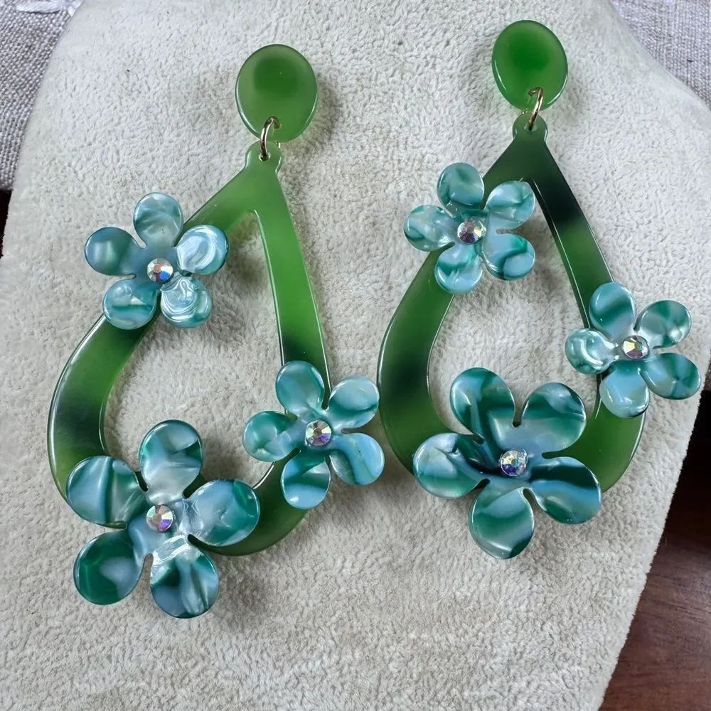 Zara Green Teardrop Floral Statement Earrings